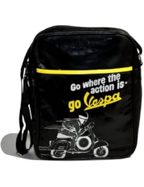 VESPA Retro Tasche Flightbag GO WHERE THE ACTION IS Schwarz Gelb Canvas HOCHFORMAT