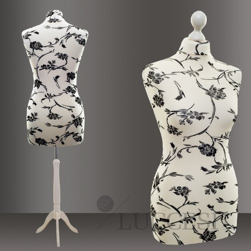 LUCCESI - Schneiderpuppe Damen Schneiderbüste Größe/Size S, M, M-L, L, L-XL, XL Büste creme-weiss mit Blumen (schwarz) und Standfuss im Farbton weiss (M)
