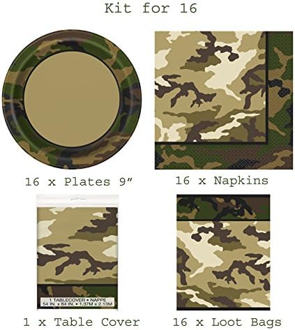 MILITARY CAMOUFLAGE PARTY PLATES NAPKIN TABLE COVER LOOT BAGS COMPLETE PARTY KIT FOR 16 PERSONS