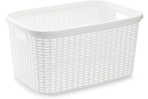 ACAN Tradineur - Cesta colada rectangular de plástico - Fabricado en España - Capacidad de 35 litros - Estilo mimbre - 53,5 x 36 x 26,5 cm - Color Blanco