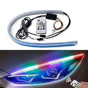 BKN Car Headlight Daytime Running Strip Light RGB Flexible Indicator Lights for Cars & Bikes with Wireless Remote Controller (60 cm, Set of 2 Pieces)