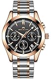 Herren Edelstahl Uhren Männer Chronograph Luxus Design Wasserdicht Datum Kalender Leuchtend Armbanduhr Geschäfts Beiläufig Mode Kleid Sport Analog Quarz Uhr mit Rosegold Gehäuse Schwarz Zifferblatt