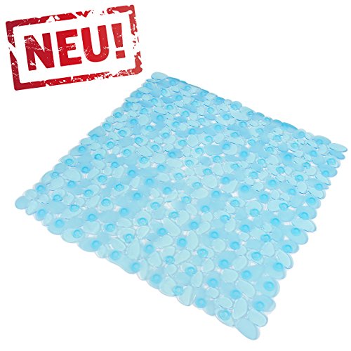 Blaue Transparente Anti Rutsch Matte für die Dusche - Duscheinlage mit Saugnäpfen - Schadstofffreie Duschmatte in schöner Kieseldekor Steinoptik - Größe: 53 x 53cm