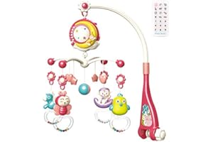 AUVEACH Giostrina Culla Neonati con Telecomando Musicale Proiettore Stelle Sonaglio Girevole a 360° Giostrina Lettino Multifunzione (Rosso)