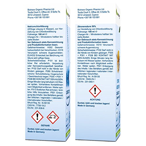Biotraxx Wasseraufbereiter CLASSIC 1:1 Set 1x Natriumchloritlösung + 1x Aktivator, Zitronensäure 50% (2x 100 ml) im hochwertigen Violettglas - 2