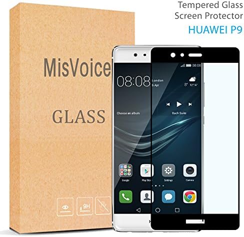 Huawei P9 Curved Glass Screen Protector, Full Coverage, MisVoice Premium Tempered Glass Screen Film,0.23mm,Scratch Resistant ,9H Hardness ,Bubble Free, Easy Install for Huawei P9 (Black) Retail Store ,Lifetime warranty