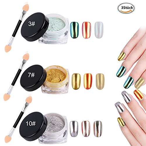3 Farben Nagel Pigment Mirror Powder,Nail Glitzer Spiegel Effekt Pulver Glitter, CIDBEST® Spiegel Pulver, Mirror Nail Glitter Powder, Nagelkunst DIY Dekoration, Nageldesign Chrome Pigment-glänzendes Metallic Nail (2g/Stück)