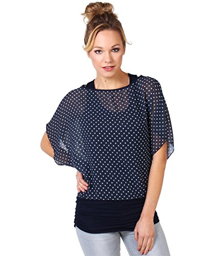 7249-NVY-16: Large Polka Dot Print Cape Batwing Top