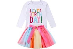 GEAGODELIA It's My Birthday Kid Toddler Girls Outfit Clothes Short Long Sleeve t Shirt Rainbow Colourful Tutu Skirt 2Pcs Set (0-6Y)