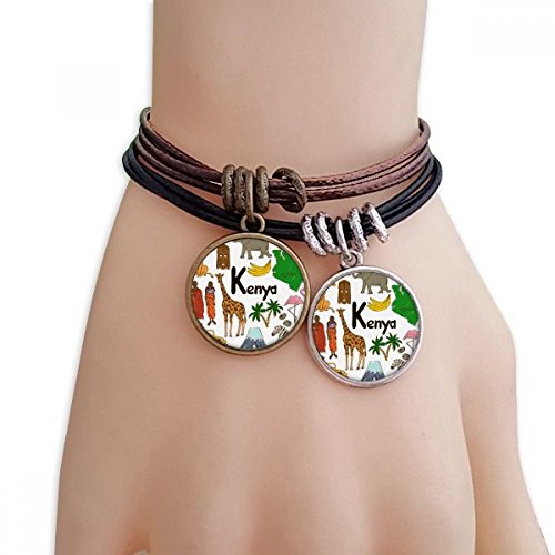 Womens Kenya Landscap Animals National Flag Bracelet Double Leather Rope Wristband Couple Set