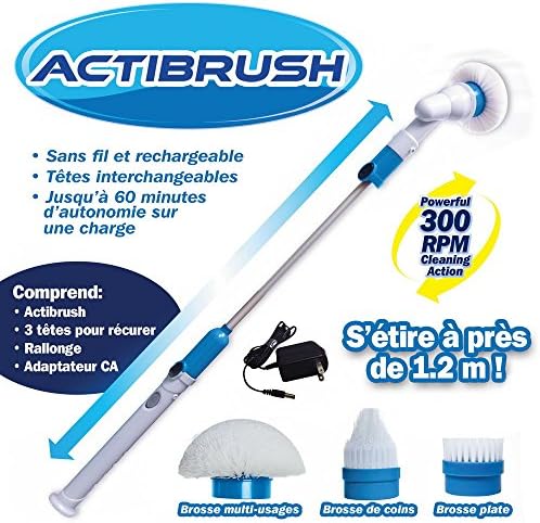 Actibrush – Wireless and rechargeable Scrubbing Brush with Extension and 3 brushes – Rotation of 300 RPM – Exfoliates and effortlessly Traces and Limescale Deposits, Rust, Soap Scum, Mould