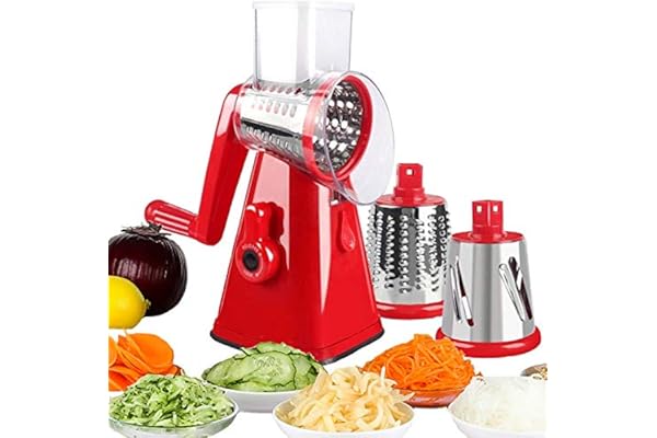 NILICAN Râpe à Fromage Rotative Râpe à légumes rotative manuelle Mandoline avec 3 lames interchangeables, facile à utiliser (rouge)