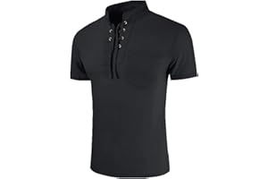 BOTCAM Camicia da uomo in lino, a maniche corte, con lacci, colletto alto, gotico, tinta unita, per il tempo libero, leggera, traspirante, in cotone, per la spiaggia, hippie estiva, per lo yoga