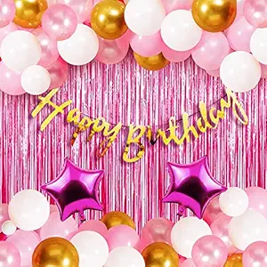 Party Propz Happy Birthday Decorations For Girls Combo Set- Pink White Gold Metallic Balloons, Happy Birthday Banner, Foil Curtain, Star Foil Balloons - Girls, Women, 1st, 2nd, 3rd, 4, 5,6th - 41Pcs