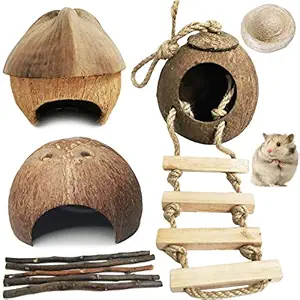 kathson Natural Coconut Hut Hamster Hiding House Pet Cave Small Animal Cage Habitat Decor Hanging Guinea Pig Toys with Ladder for Gerbils Rats Mice Playing Breeding 9PCS
