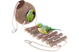 GENERIC NatureBuz Handmade Coconut Shell Bird House Nest and Bamboo Wood Ladder Perch Plastic and Metal Free Parrot Parakeet Dove Hamster Mice Budgie