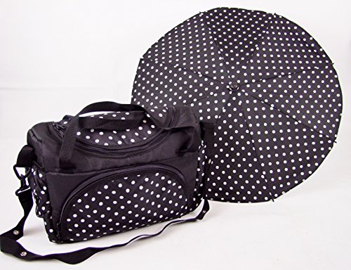 Preisvergleich Produktbild Babys-Dreams WICKELTASCHE + SONNENSCHIRM für Kinderwagen Kinderwagentasche SCHWARZ KLEINE WEISSE PUNKTE + Gratis Wickelunterlage für die Wickeltasche Sonnsegel Schirm