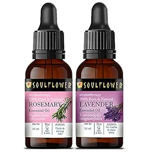Soulflower Rosemary Essential Oil and Lavender Essential oil for Acne, Hair Growth ,Relaxing and Sound Sleep 100% Pure, Natural, Undiluted & Organic Premium Oil - Ecocert Cosmos Organic Certified - Pack of 2 (30ml each with free dropper)