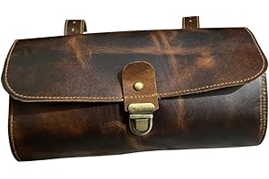 AMERICAN BLUE Vintage-Motorradtasche aus echtem Ziegenleder, 2-Riemen-Schnallenverschluss, braune Werkzeugtasche, Schnellverschluss, verstärkt, für Lenker, Gabeln, Leder-Fahrradtasche (Brown Heritage)