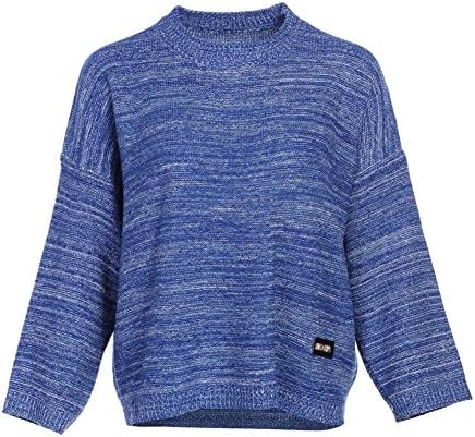 women sweater long sleeves round neck loose striped knitted tops sweatshirts elasticity pullovers . blue . one size