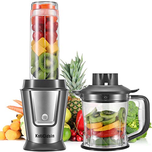 KotiCidsin Blender, Blende Smoothie, Mixeur Multifonctionnel 2 en 1 pour Smoothies, Milk-Shake, Jus, Tasse Portable de 570ml et Hachoir de 1.2L, Tritan Sans BPA, Acier Inoxydable, Gris