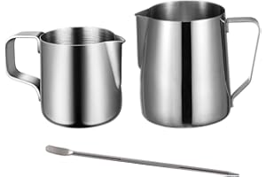 Tucireat Jarra Leche Barista 150ml/350ml Jarra Cafetera Universal Lechera Jarra Acero Inoxidable Jarra de Leche Acero Inoxidable Espuma Jarra Cafe Espumador Leche con Lápiz Artístico de Leche