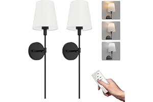 Aipsun Bezprzewodowa akumulatorowa lampa ścienna z pilotem zdalnego sterowania, bateria 5500 mAh, lampa ścienna do wnętrz z abażurem z materiału, 2 szt. ładowana lampa ścienna, ściemniana, lampa