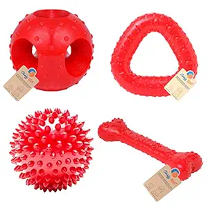 Goofy Tails Rubber Dog Toys Combo - 4 Toys Flavoured Bone, Hole Ball, Spike Ball and Trio Ring Dog Chew Toy (Red, Large)