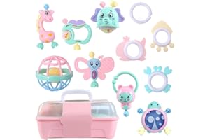 KIDSZONE 11PCS Baby Rattles 0-6 Months, Baby Teething Toys with Storage Case, Infant Toys 0-3-6-12 Months, Baby Girl Toys, Best Newborn Christmas Gift for Babies Infants Boy Girl (Pink)