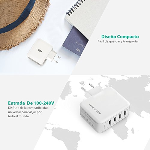 RAVPower Cargador de Pared con 4 Puertos 40W  USB iSmart 2 0  Conector Retr  ctil  Entrada 100-240V  Salida DC 5V   8A M  x  en Total y DC 5V   2 4A m  x  por puerto  - Blanco