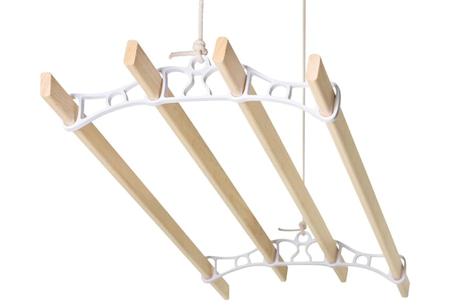 REMI TOOLS Traditional Kitchen Airer Pulley Dryer Kit with 4 Wood Laths Slats 1.5M Victorian Edwardian Clothes Horse Creel Airer Dryer Kitchen Rack Ceiling Pulley Laundry Drier (White, 4 slats)