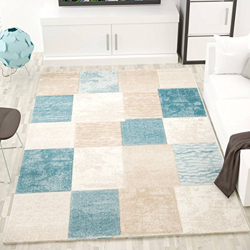 Designer Teppich Modern, Kariert und Meliert in Türkis Beige Creme, Sehr Dicht Gewebt - ÖKO TEX Zertifiziert, VIMODA; Maße: 80x150 cm