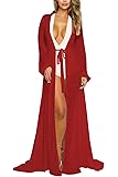 Viottiset Womens Mesh Long Sleeve Tie Front Swimsuit Beach Bikini Cover Up Maxi Dress