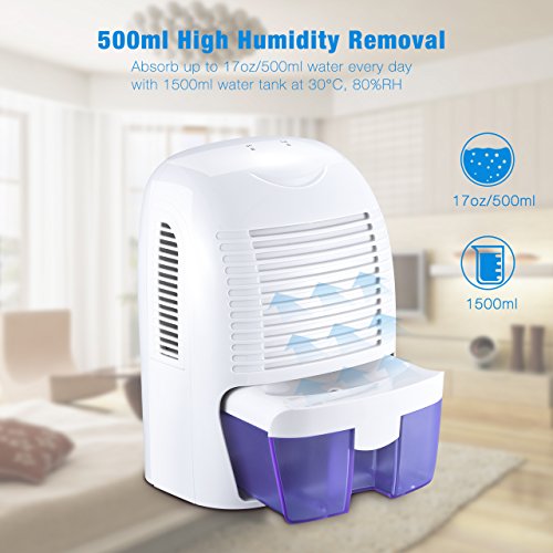Luftentfeuchter, HoLife Elektrischer Raumentfeuchter Lufttrockner 1.5L Kapazität(Max.500ml/Tag) Kompakter und Tragbarer Dehumidifier mit LED Anzeige Bautrockner für Schlafzimmer, Büro, Badezimmer, Kinderzimmer, Küche, Garage,WC, usw. 1500mL - 3