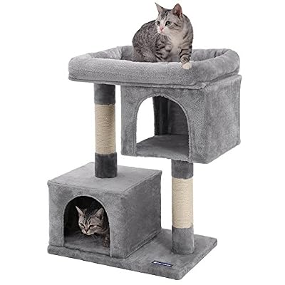 FEANDREA SONGMICS Arbre à chat Colonne en sisal Pour aiguiser les griffes 2 niches luxueuses Maison de jeu Meubles pour chatons, chats et félins Couleur grise claire PCT61W