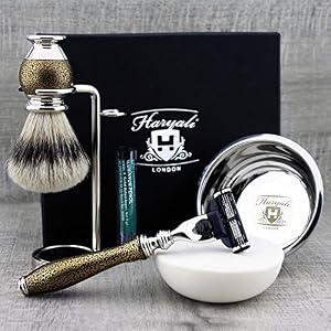 Haryali London 6Pc Mens Shaving Kit 3 Edge Razor, Silver Tip Badger Hair Brush, Bowl, Stand, Soap and Alum Perfect Set… - Image 2