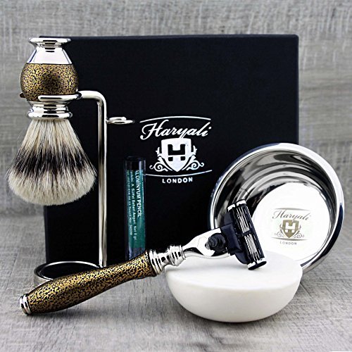Haryali London 6Pc Mens Shaving Kit 3 Edge Razor, Silver Tip Badger Hair Brush, Bowl, Stand, Soap and Alum Perfect Set… - Image 3