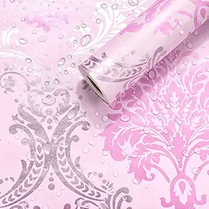 Wolpin Wall Stickers DIY Wallpaper (45 x 500 cm) Pink Damask Large Self Adhesive Decal Living Room Hall Home Interior Decoration, Pink
