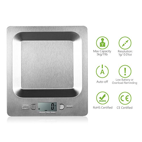 Topop Küchenwaage mit 11lb 5kg Gewicht Kapazität Electronische Edelstahl Kitchen Scales Digitalwaage Nahrungsmittelskala mit 4 Maßeinheiten - 6