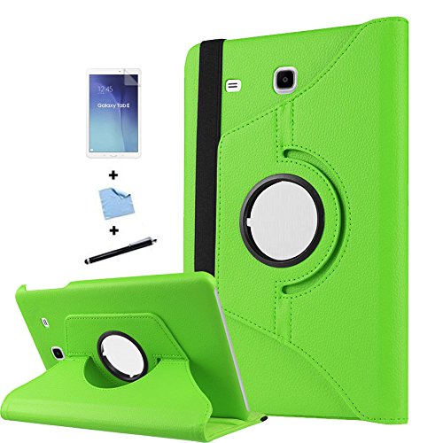 TIODIO® 360° Drehbares Ledertasche Für Samsung Galaxy Tab E 9.6-Inch SM-T560/SM-T561 Schutzhülle Case Tasche mit Ständerfunktion+ Displayschutzfolie + Eingabestift Stylus Touch Pen, Grün