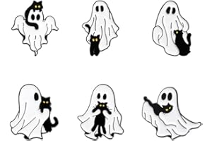 LIHONZHI 6Pieces Cute Ghost with Black Cat Brooches Pin Set Gothic Black White Ghost Cat Enamel Pin Punk Cool Badge Pin Set Accessory for Clothes Jackets Backpack