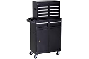DURHAND Tool Chest 2 in 1 Metal Tool Cabinet Storage Box with 5 Drawers Pegboard Wheels 60x28x104.5cm Black