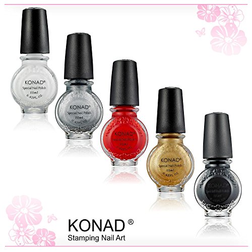 KONAD Stampinglack 5er-Set weiss, schwarz, gold, rot und silber - Vorteilspack [5x 11ml]