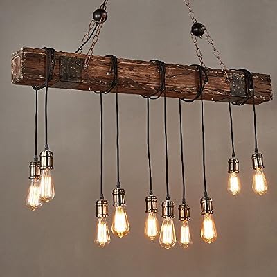 JiaYouJia Rétro Lustre de Salon Chambre Luminaire Lampe pendentif Vintage avec Poutre en Bois Récupéré Industriel