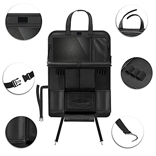Autositz Organizer mit Folding Essbereich Rack, Pushingbest Auto Rückenlehnenschutz Autositz Organizer Mit Screen Touchable Tablet Pockets Autositztasche Reisewagensitzbeutel, Kinder Rücksitzschoner Kick-Matten-Schutz passend für die meisten den Autositz, 1PC - 6