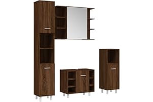vidaXL Badmöbel Set 4 TLG., Badezimmer Möbel mit viel Stauraum, Badschränke mit Spiegel, Badspiegel Waschbeckenschrank Standschränke, Braun Eichen Optik Holzwerkstoff