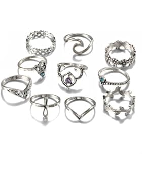 Damen Ring, HUIHUI 10 pcs Vintage Böhmische Vintage Silver Stack Midi O-Ringe Über Knuckle Blue Rings Set für...