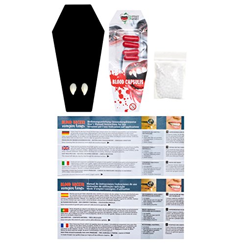 FXSTUFF Vampirzähne „Blood Sucker“ + Kunstblut Kapseln + Abformmasse / Thermoplastik (wiederverwendbar) – perfekter Halt durch individuelle Anpassung - 3