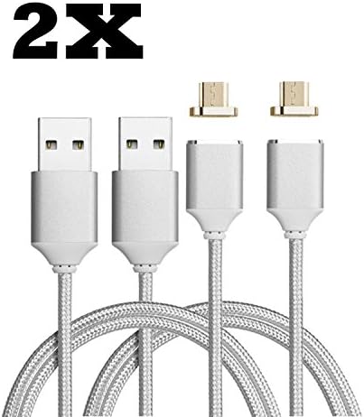 Qprods - USB magnetic charging cable. Micro USB connector for all Android phones, tablets. Nylon Braided Wire. LED charging indicator. High Speed charging and Data transfer. 100 CM. Silver. Reversible Connection. Doube Pack. 1 year warranty