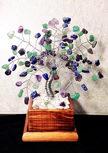 Amethyst, Green Adventurine and Lapis Lazuli Crystal Gemstone Bonsai Tree Of Life, Feng Shui, Wire Art Décor, Healing Gemstone Wire Tree Sculpture In Wood Pot, Money Tree